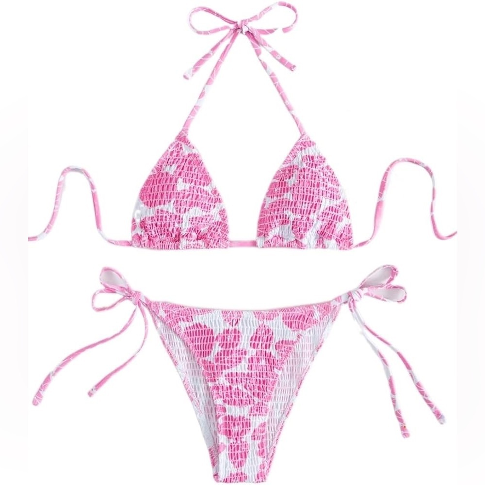 Women’s Two Piece Print Smocked Halter String Bikini Swimsuit Size Small‎ NWOT